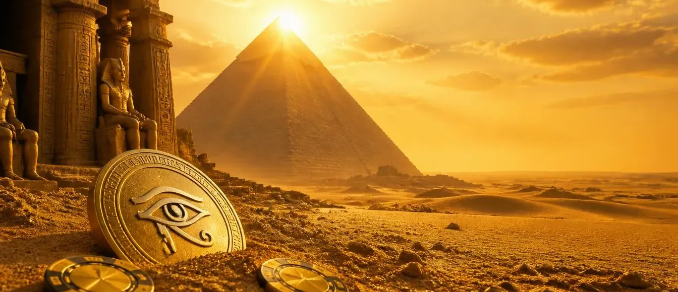 Gouden piramide met Winmega munt en casinofiches